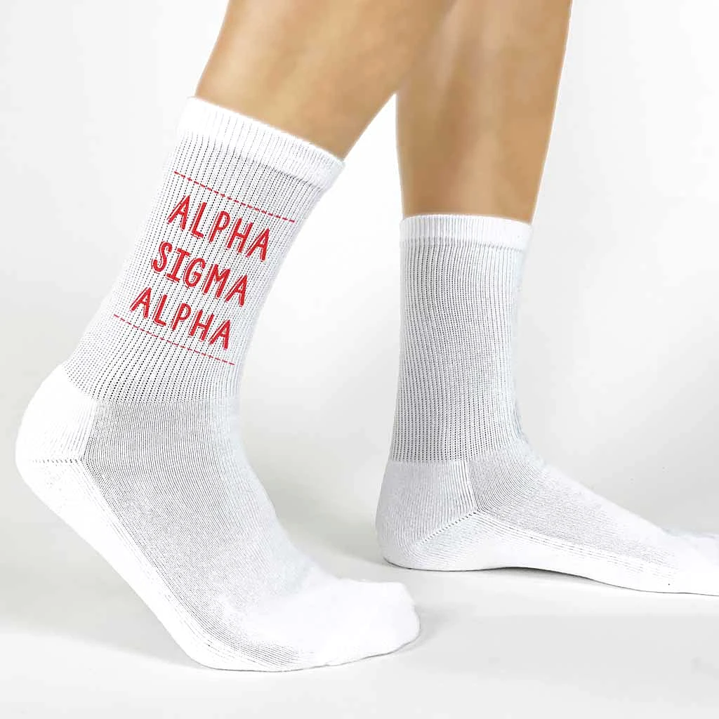 Alpha Sigma Alpha Crew Socks with Alpha Sigma Alpha Name in Sorority Colors