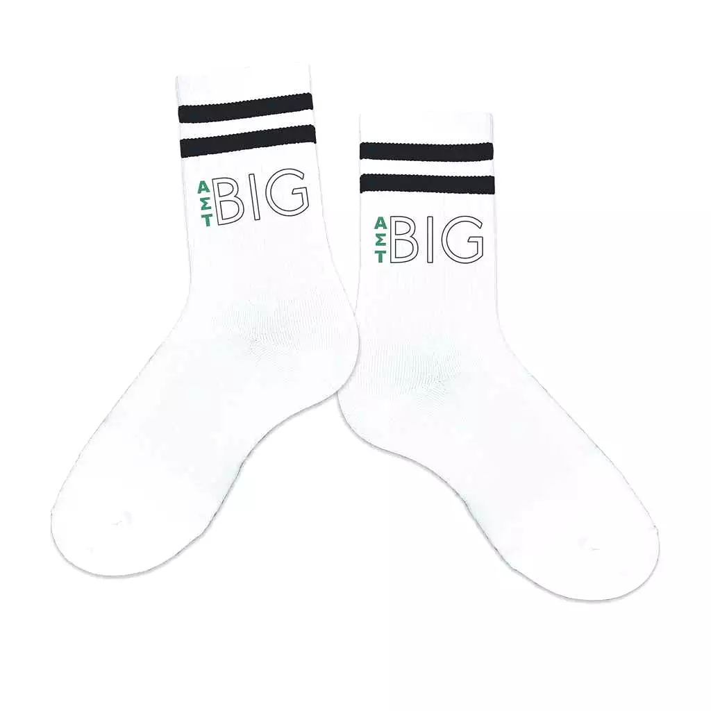 Alpha Sigma Tau Sorority Socks for your Big and Little with Greek Letters on Striped Cotton Crew Socks