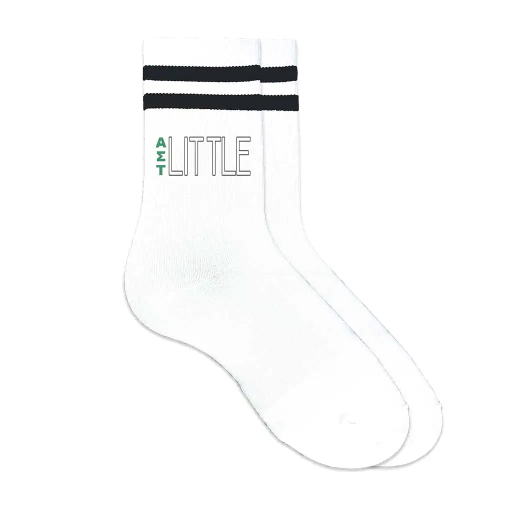 Alpha Sigma Tau Sorority Socks for your Big and Little with Greek Letters on Striped Cotton Crew Socks