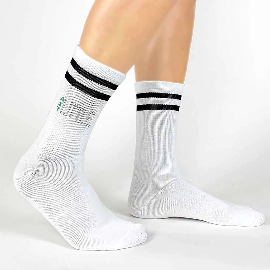 Alpha Sigma Tau Sorority Socks for your Big and Little with Greek Letters on Striped Cotton Crew Socks