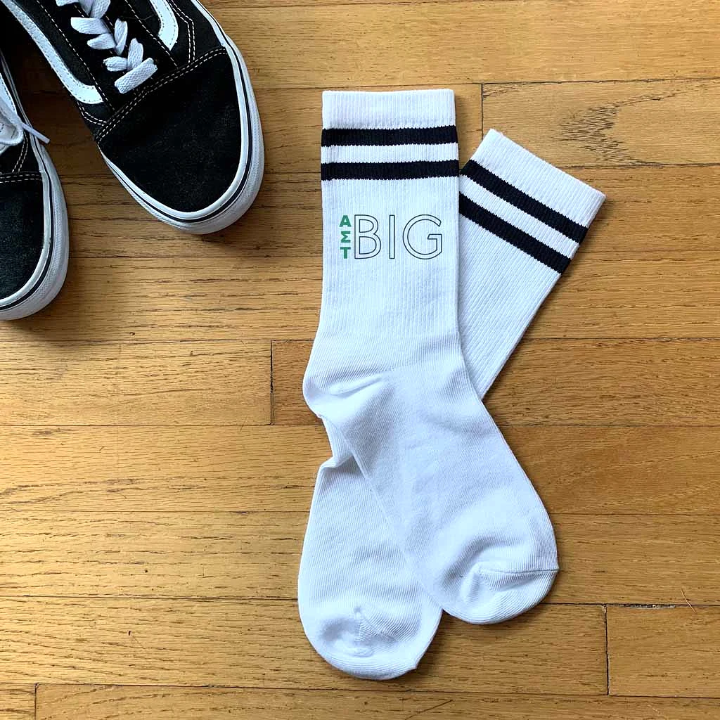 Alpha Sigma Tau Sorority Socks for your Big and Little with Greek Letters on Striped Cotton Crew Socks