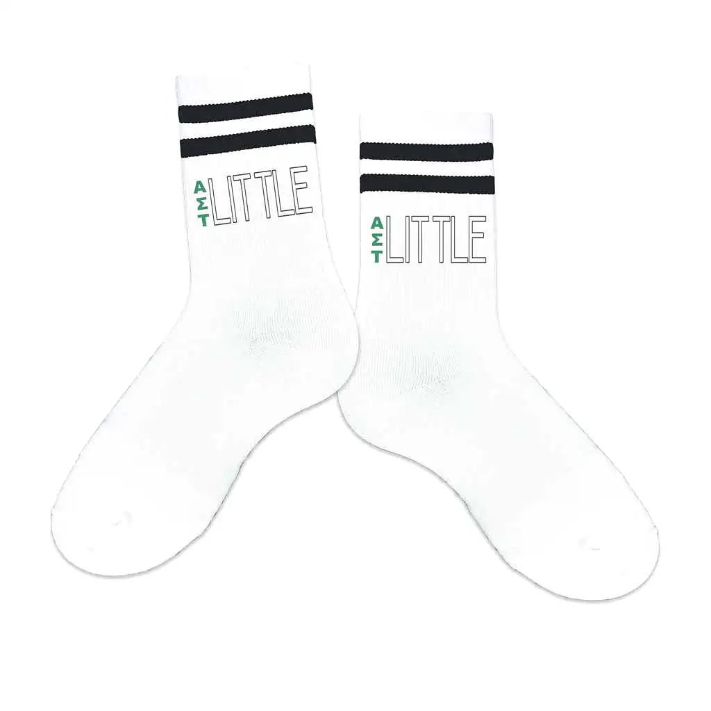 Alpha Sigma Tau Sorority Socks for your Big and Little with Greek Letters on Striped Cotton Crew Socks