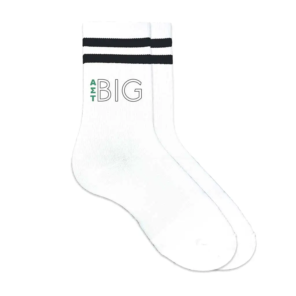 Alpha Sigma Tau Sorority Socks for your Big and Little with Greek Letters on Striped Cotton Crew Socks