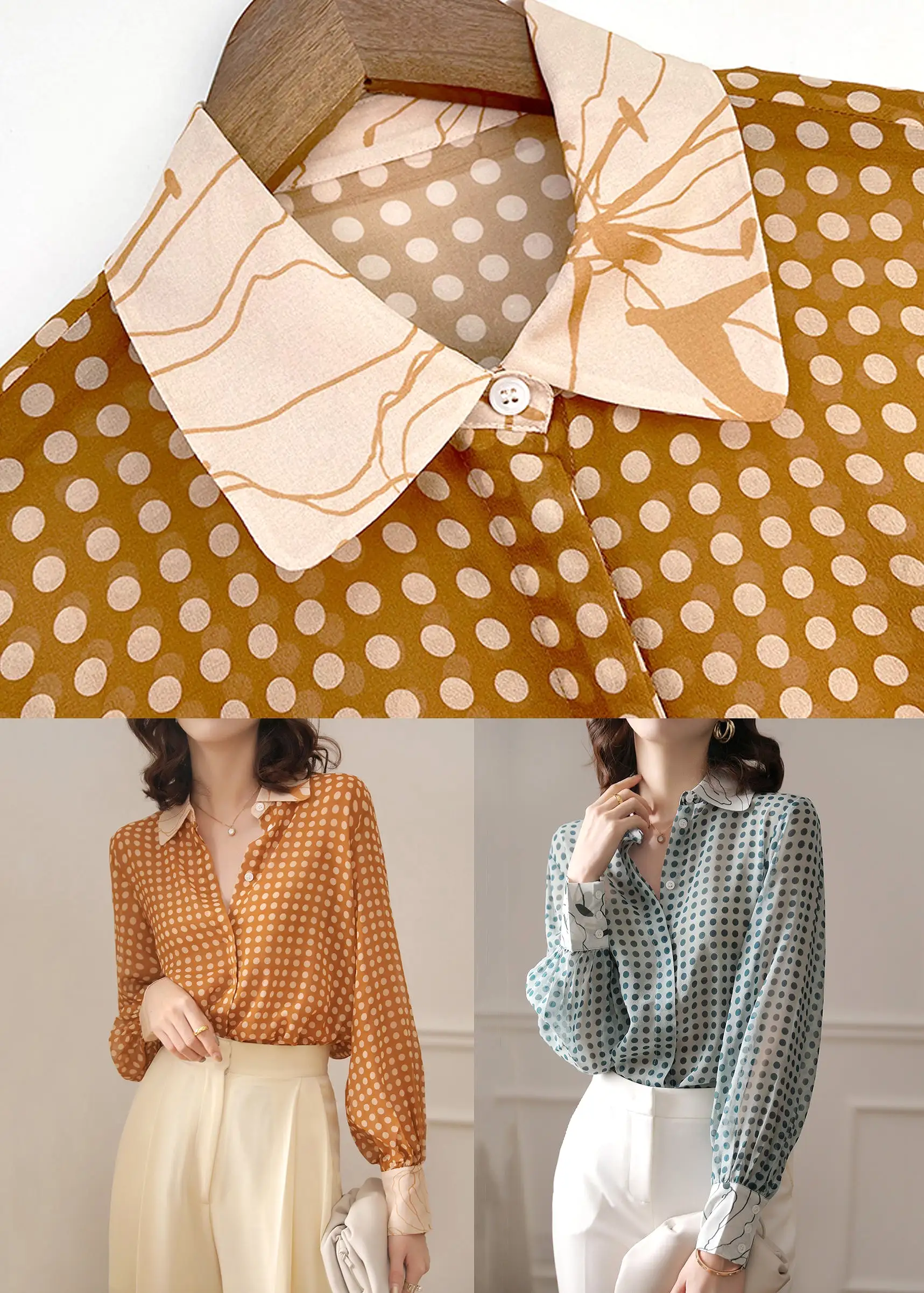 Blue Button Print Chiffon Shirt Peter Pan Collar Long Sleeve AS1098