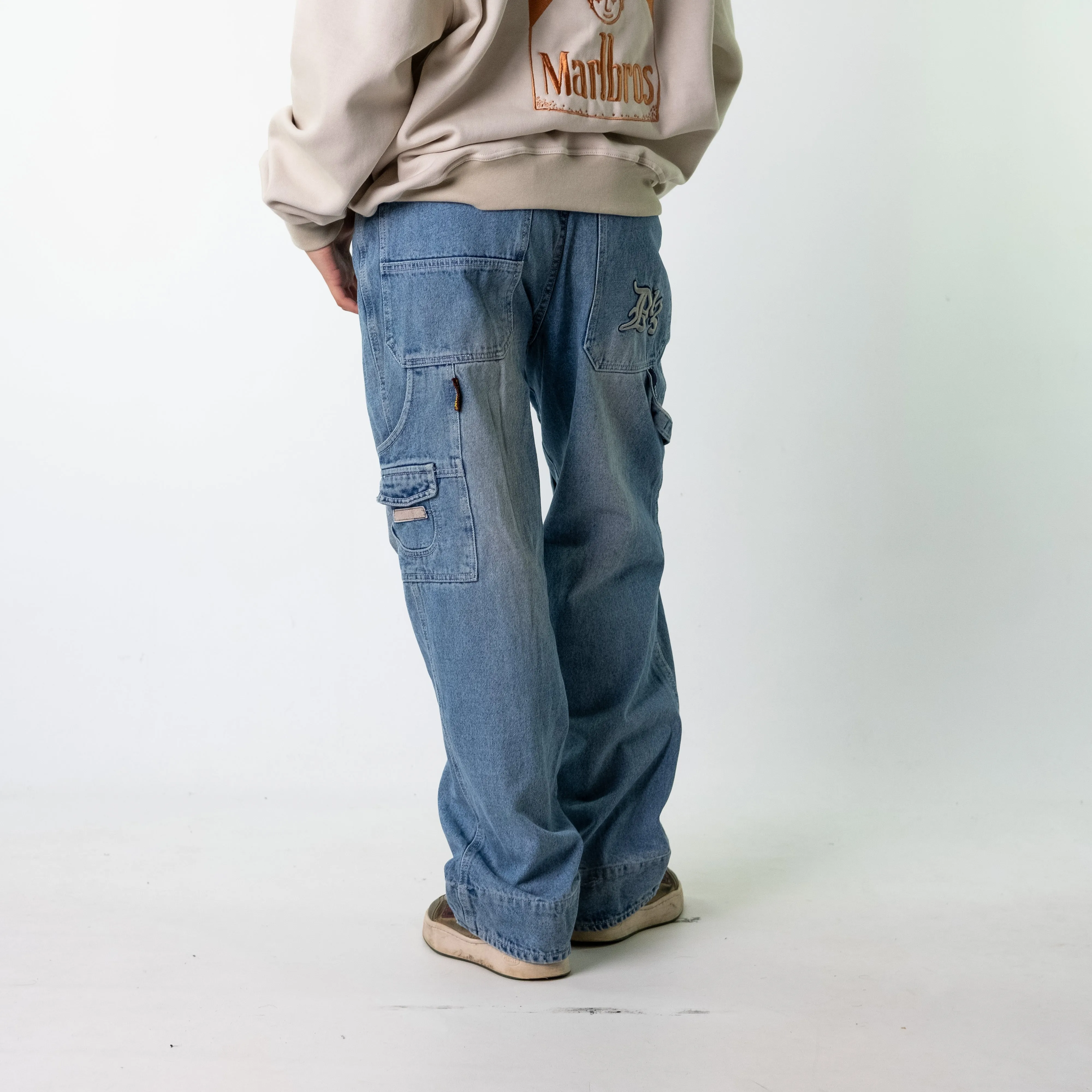 Blue Denim 90s Baggy Hip Hop C.W.WON Cargo Skater Trousers Pants Jeans (32x32)