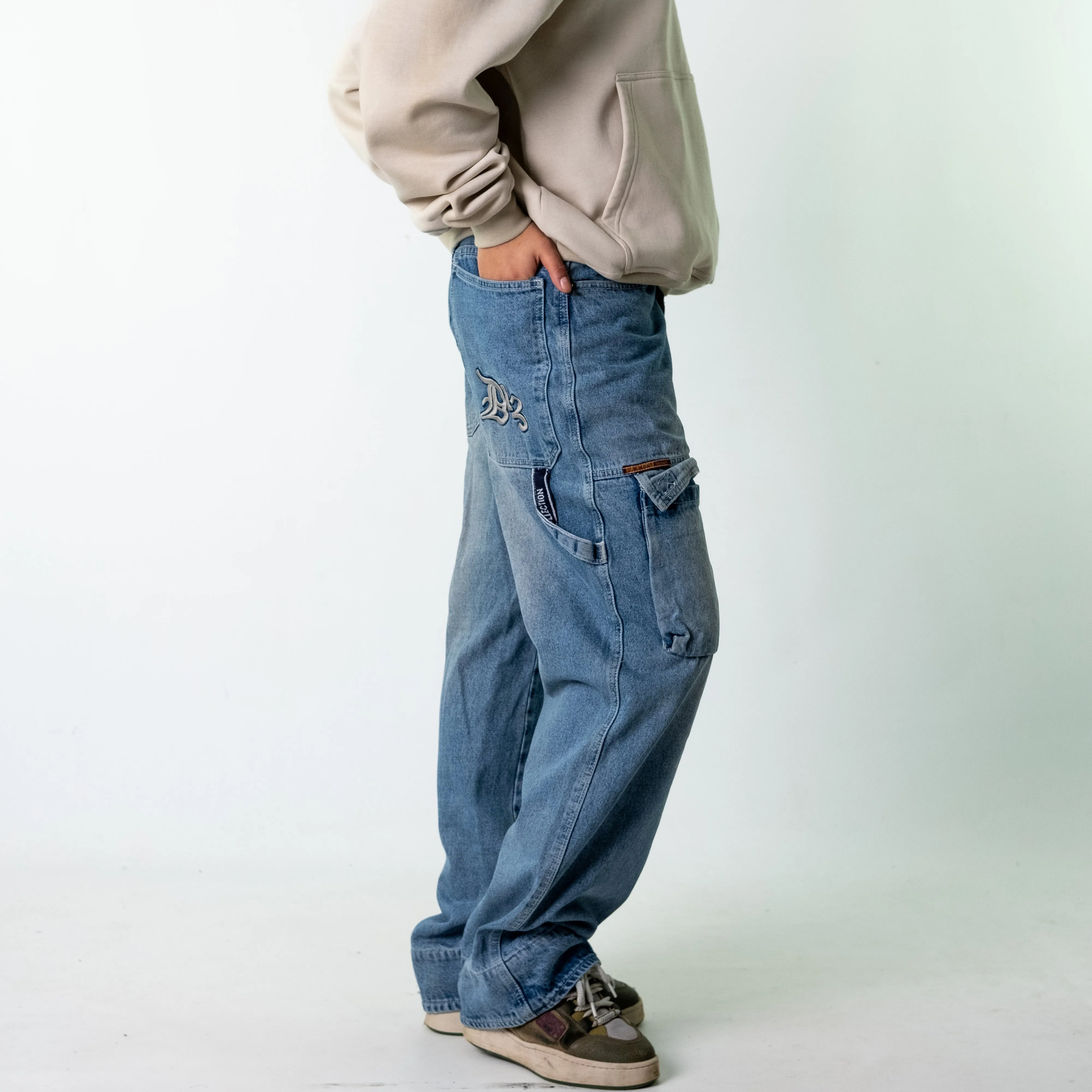 Blue Denim 90s Baggy Hip Hop C.W.WON Cargo Skater Trousers Pants Jeans (32x32)