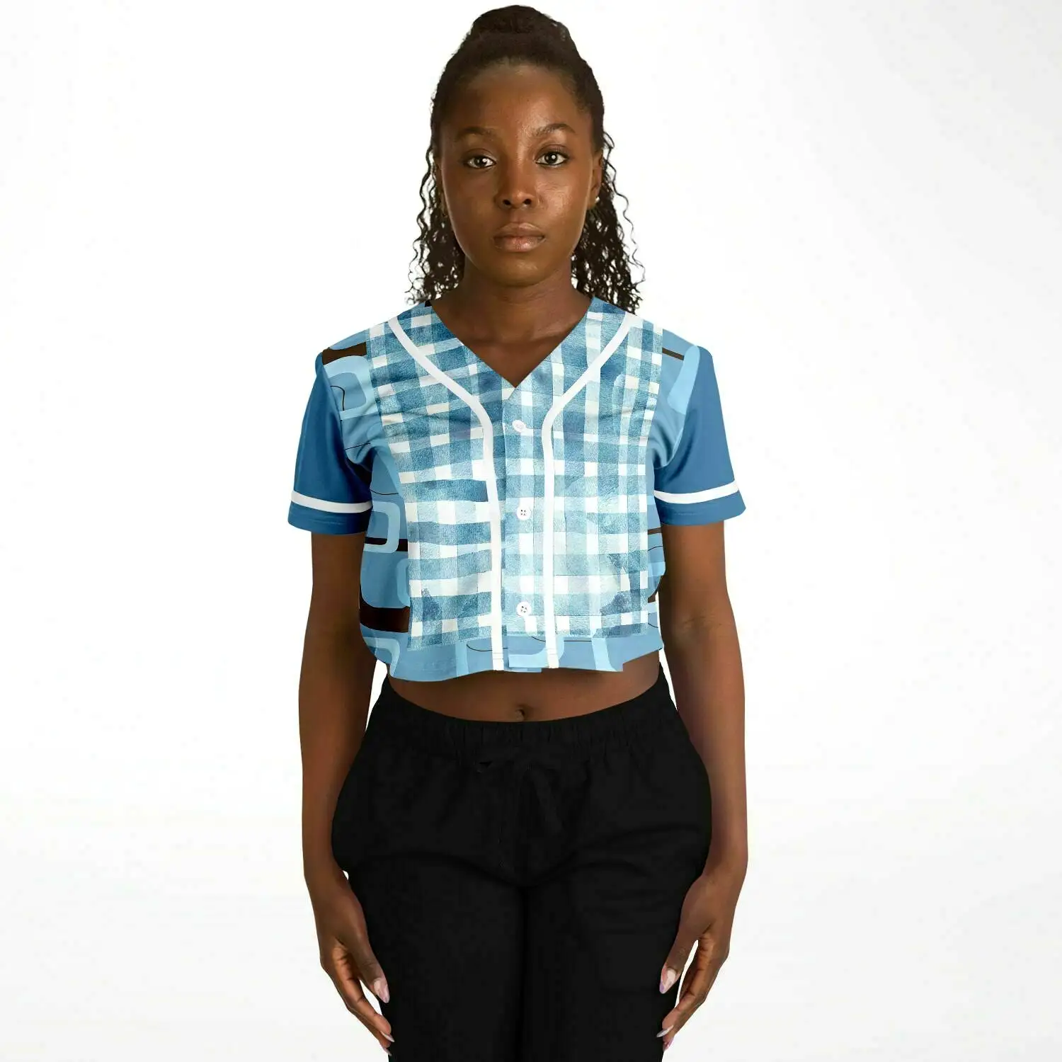 Blue Geo Patchwork Cropped Button Front Jersey