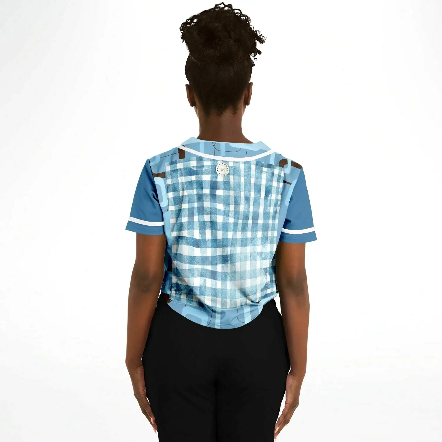 Blue Geo Patchwork Cropped Button Front Jersey