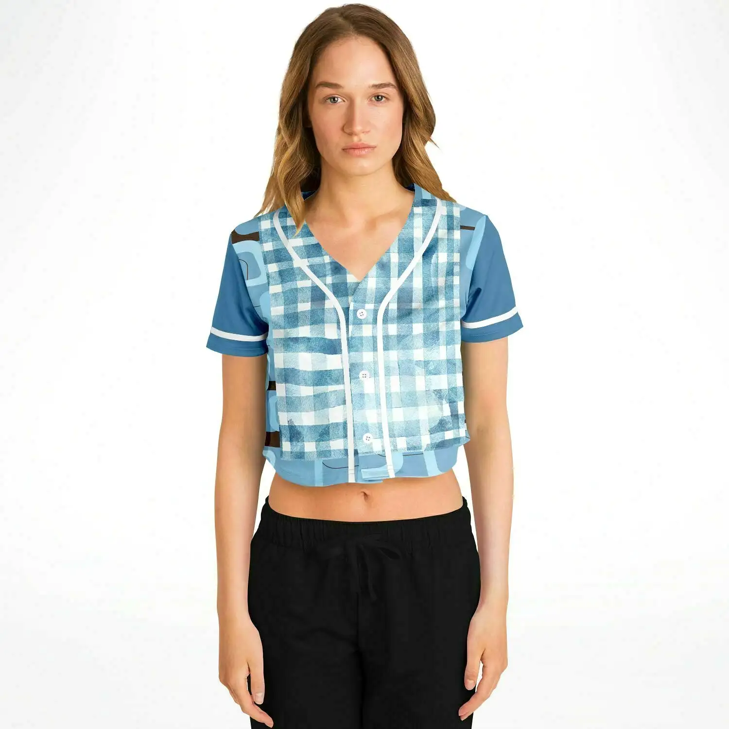 Blue Geo Patchwork Cropped Button Front Jersey