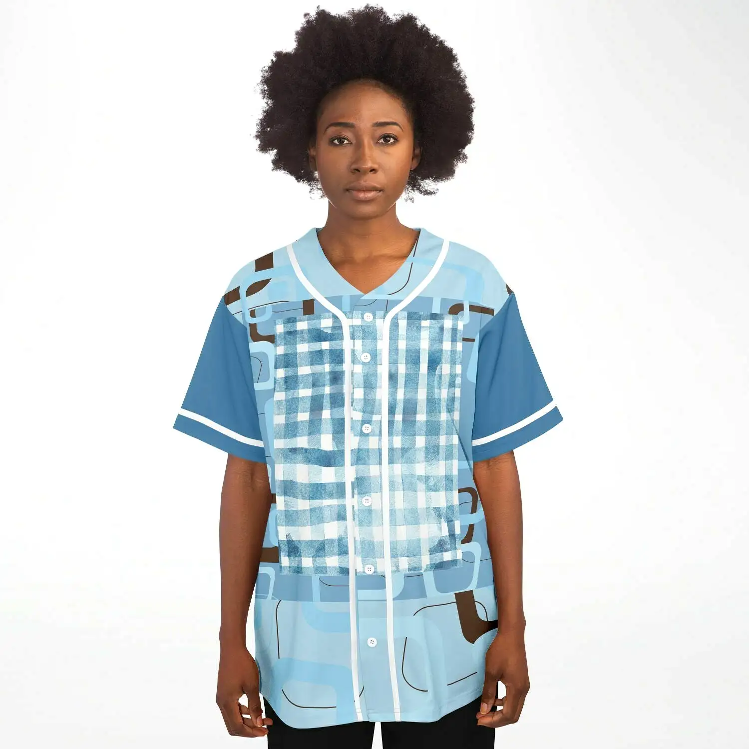 Blue Geo Patchwork Plaid Baseball Jersey