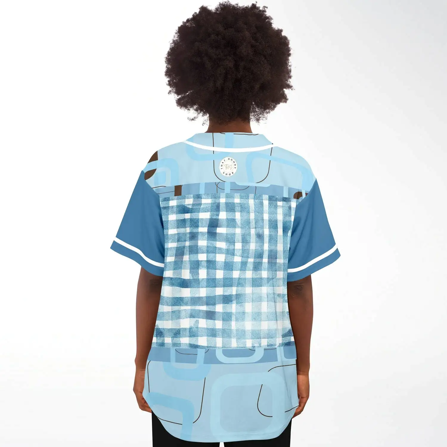 Blue Geo Patchwork Plaid Baseball Jersey