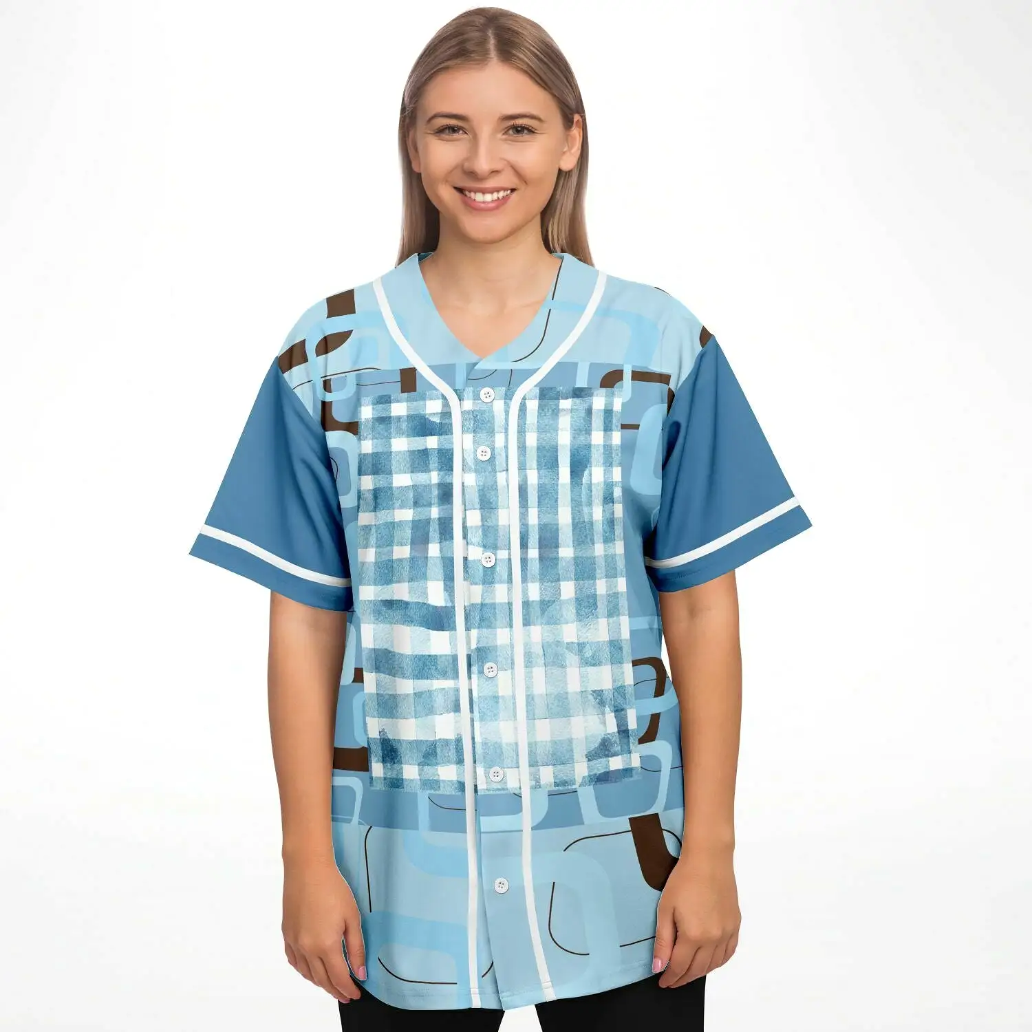 Blue Geo Patchwork Plaid Baseball Jersey