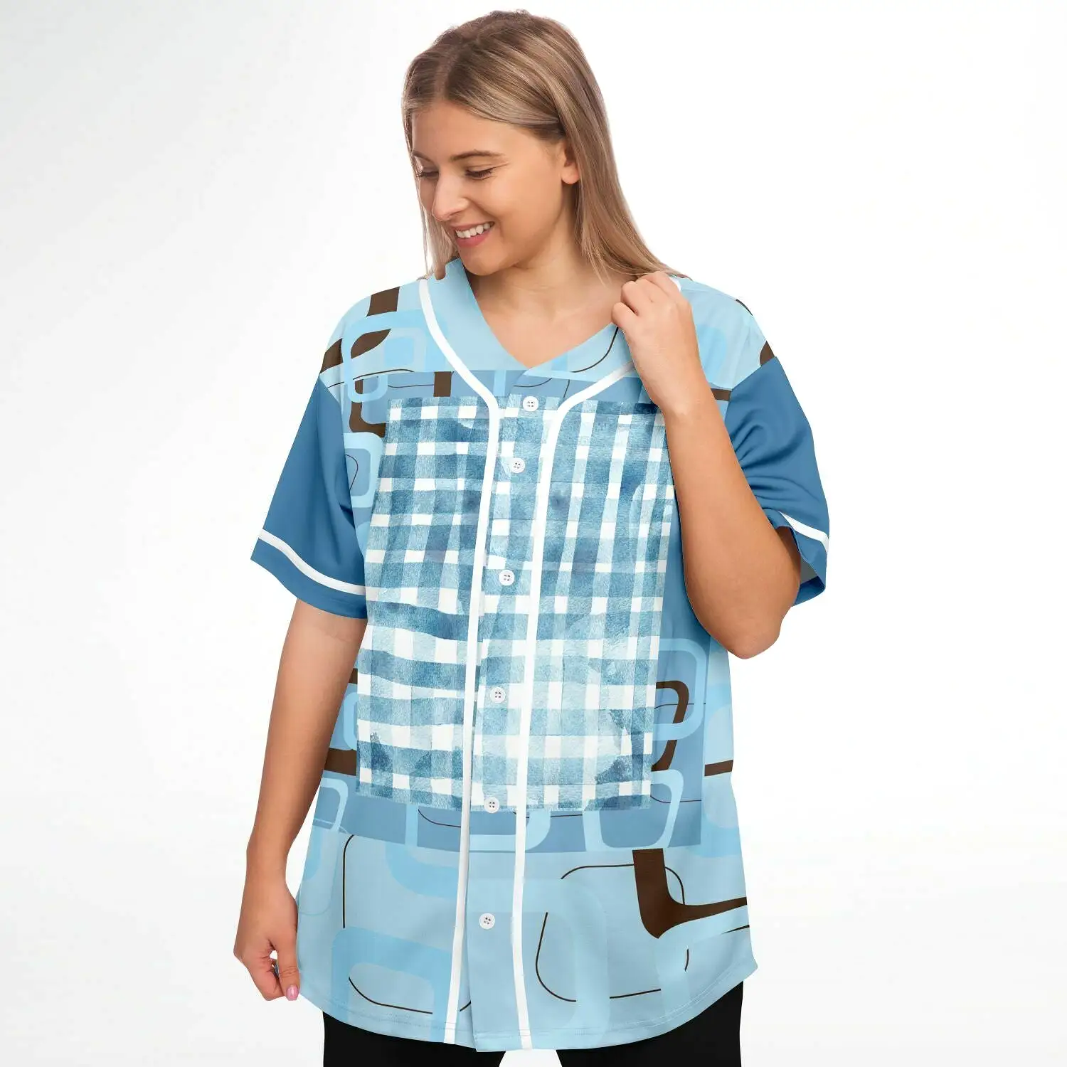 Blue Geo Patchwork Plaid Baseball Jersey