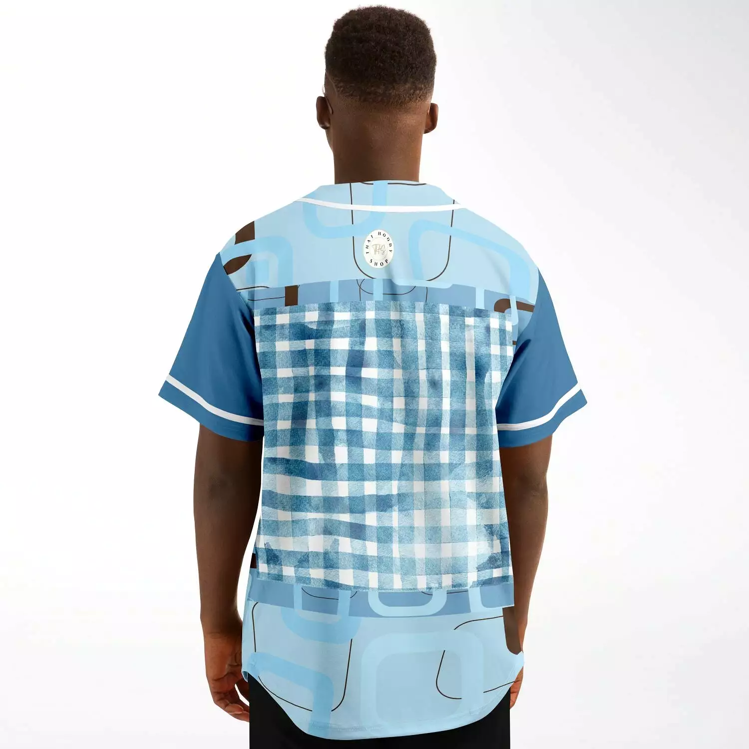 Blue Geo Patchwork Plaid Baseball Jersey