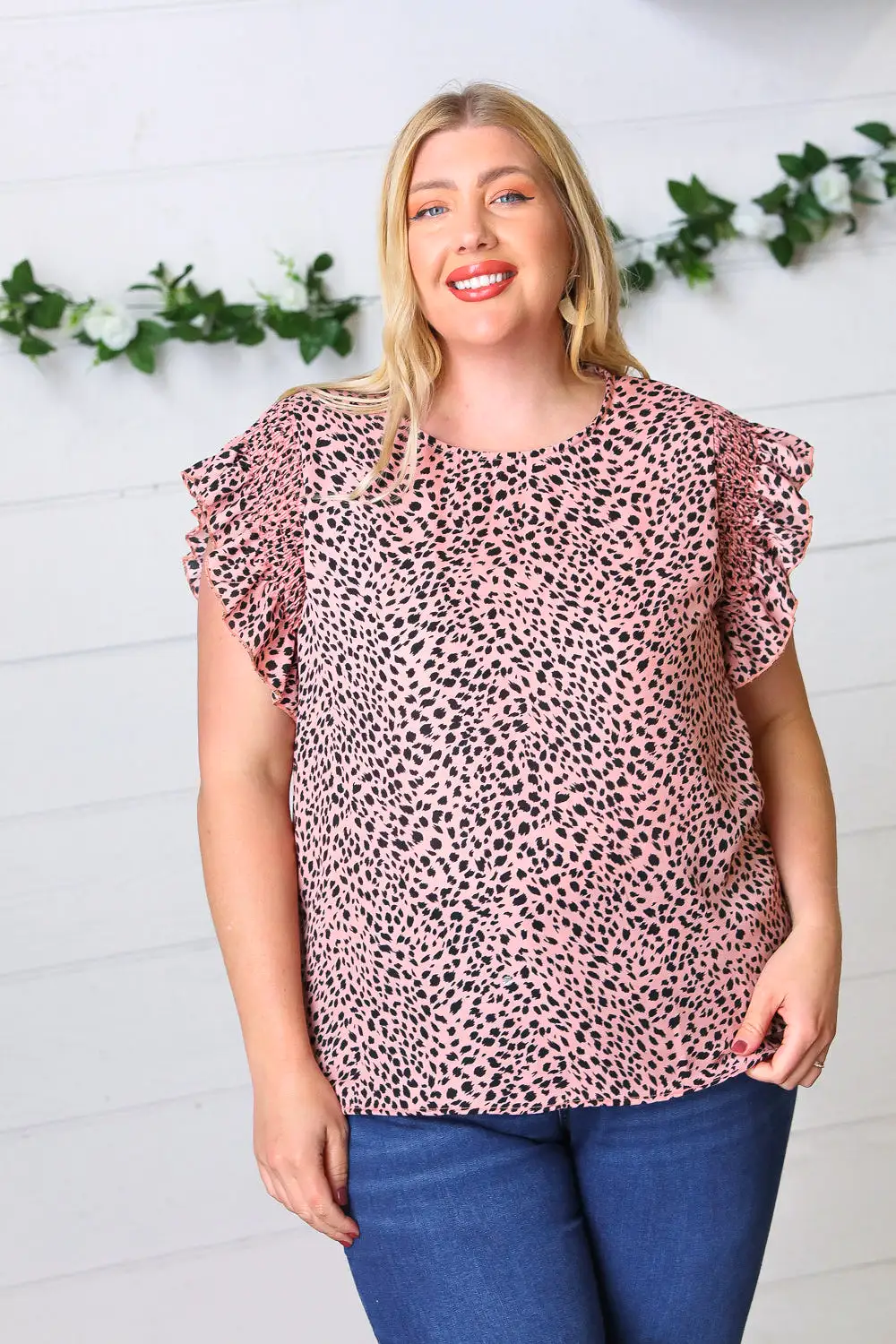 Blush Leopard Print Smoked Ruffle Button Keyhole Blouse