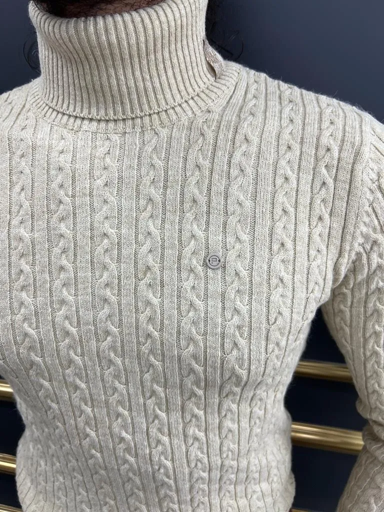 Bojoni Astoria Beige Slim Fit Striped Pattern Turtleneck Sweater