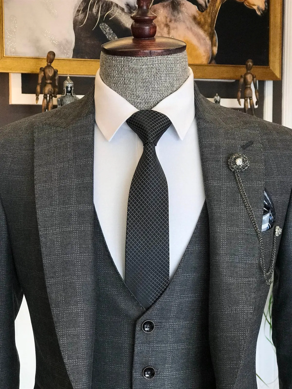 Bojoni Grey Plaid Slim-Fit Suit 3-Piece