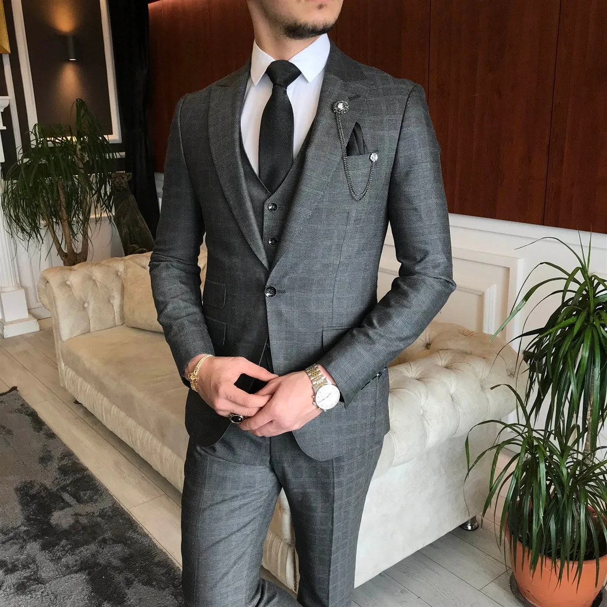 Bojoni Grey Plaid Slim-Fit Suit 3-Piece