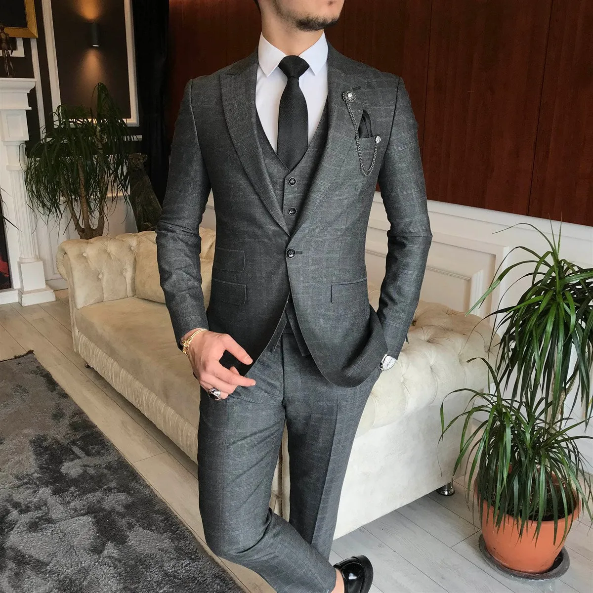 Bojoni Grey Plaid Slim-Fit Suit 3-Piece