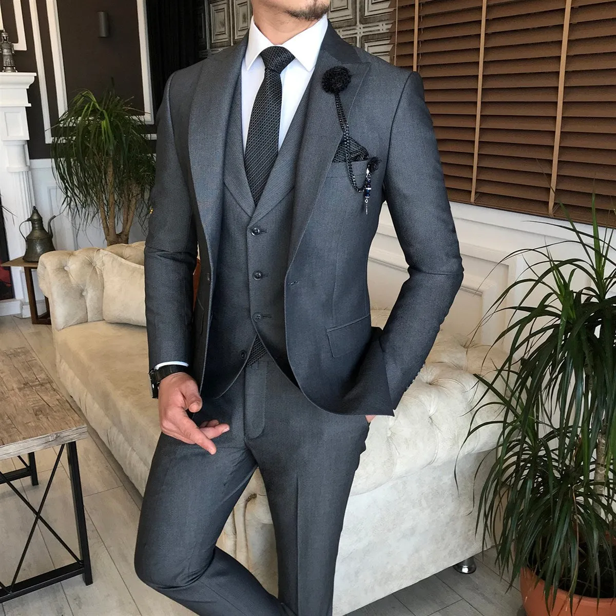 Bojoni Grey Slim-Fit Suit 3-Piece