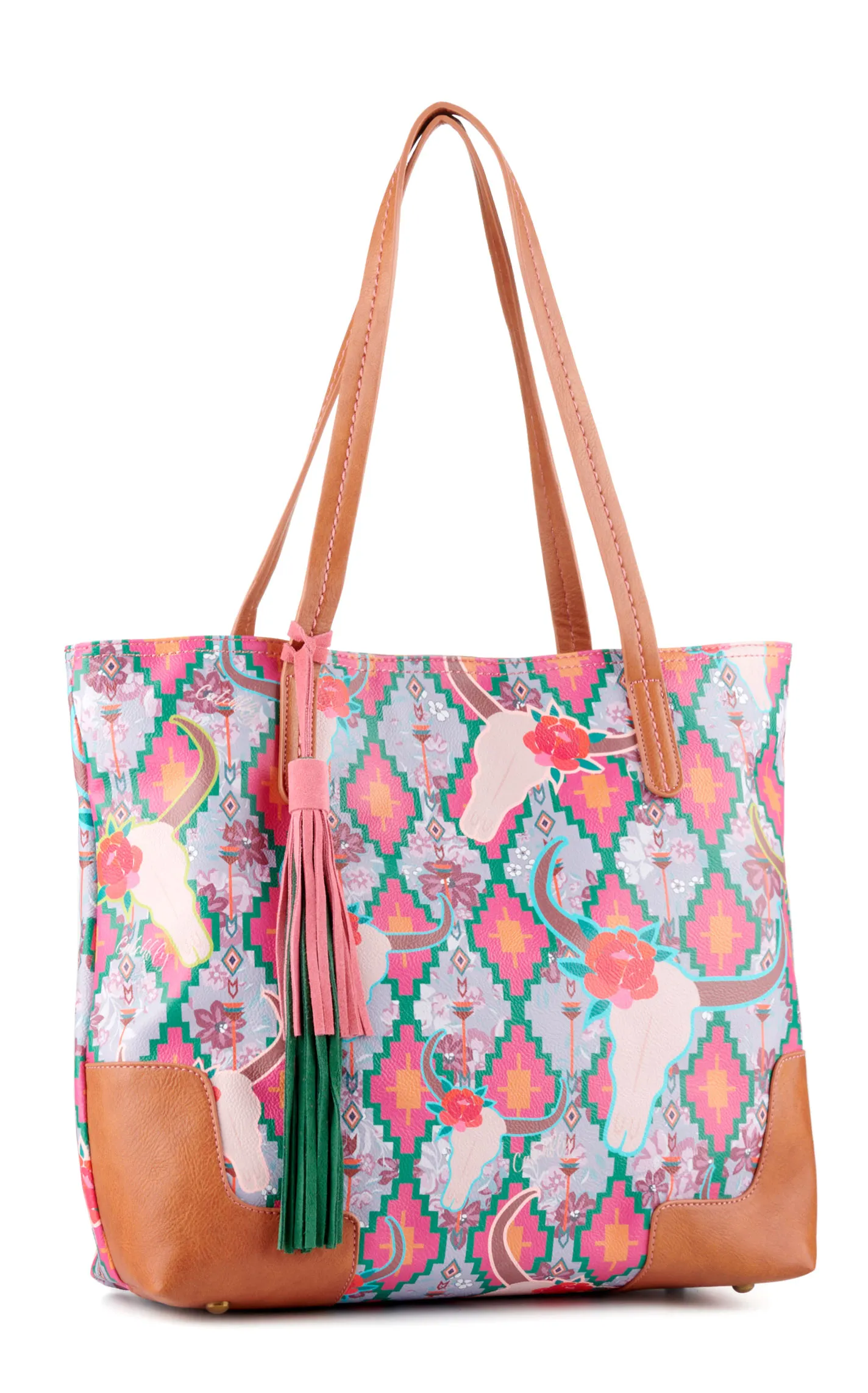 Catchfly Dark Pink and Lavender Southwest Floral and Skull Print Tote Bag