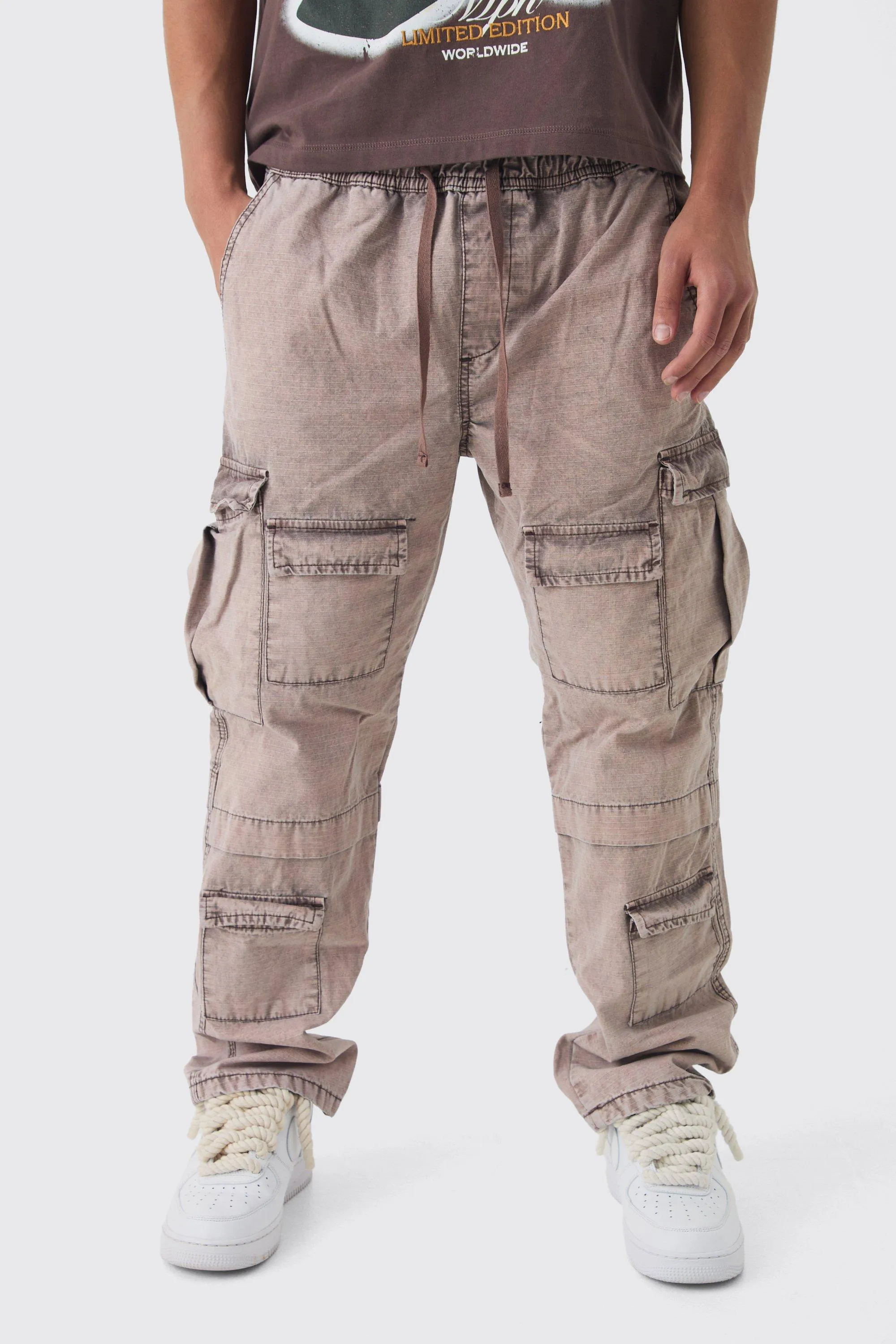 Elasticated Skate Fit Oil Wash Ripstop Cargo Trousers