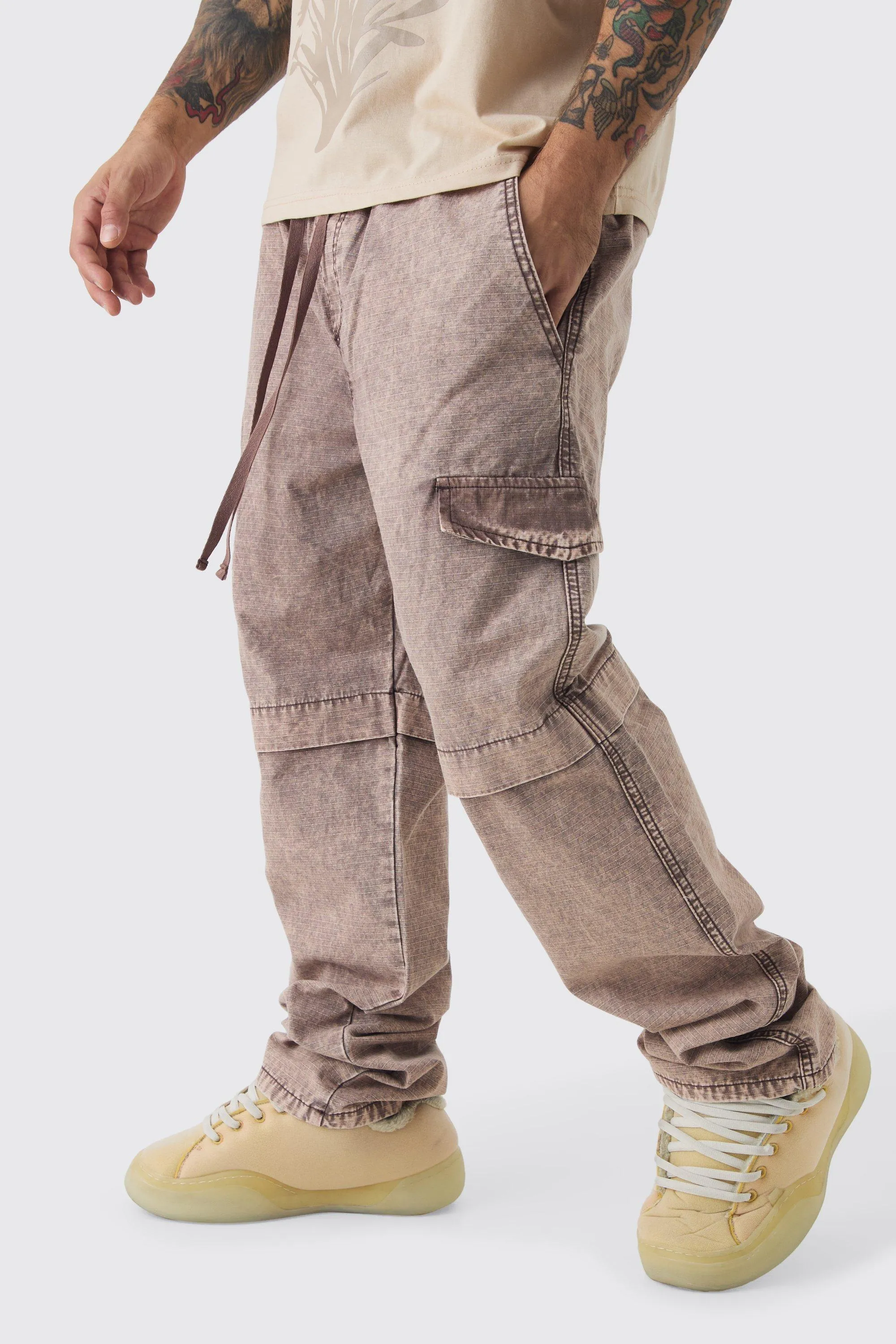 Elasticated Waist Relaxed Stacked Oil Wash Ripstop Cargo Trousers