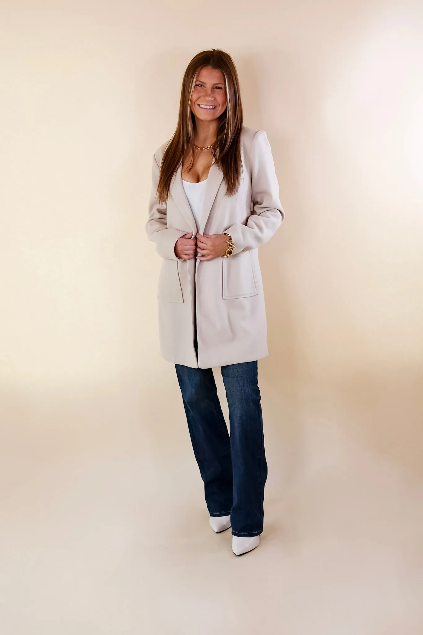 European Holiday Open Front Coat in Beige