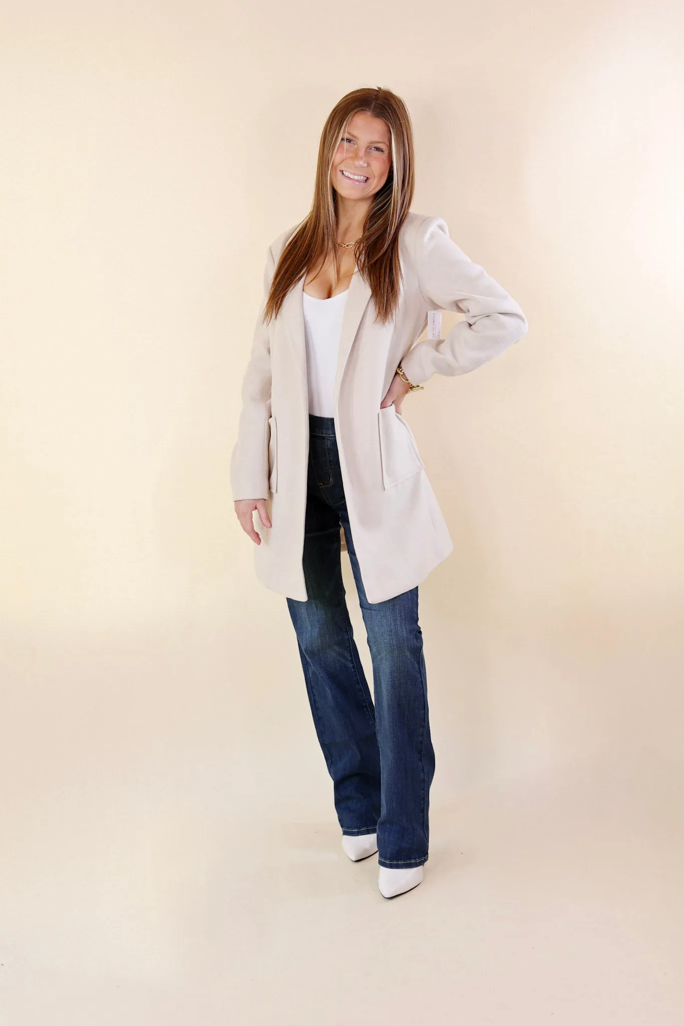 European Holiday Open Front Coat in Beige