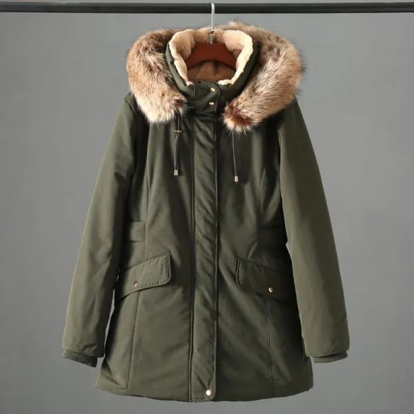 Faux fur-lined parka with removable fur trim hood for women