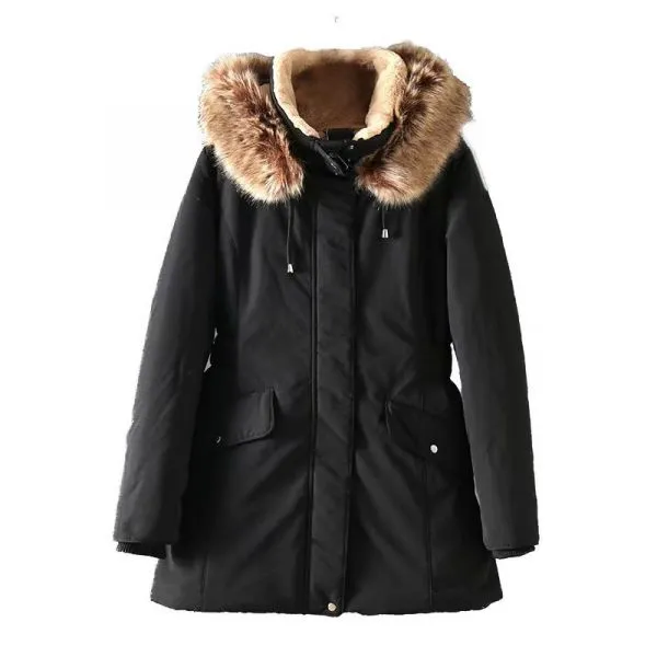 Faux fur-lined parka with removable fur trim hood for women