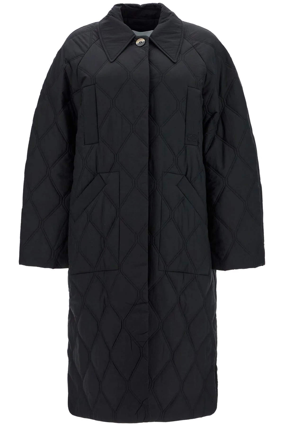 Ganni Long Quilted Padded Coat   Black