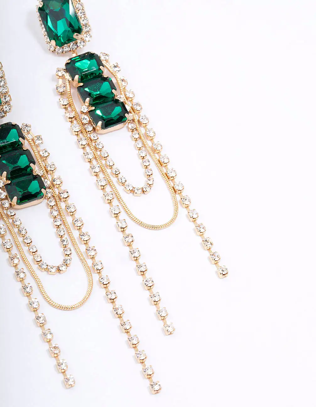 Gold Double Emerald Stone Drop Earrings