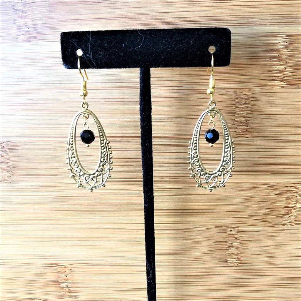 Gold Ornate Oval and Black Crystal Drop Earrings