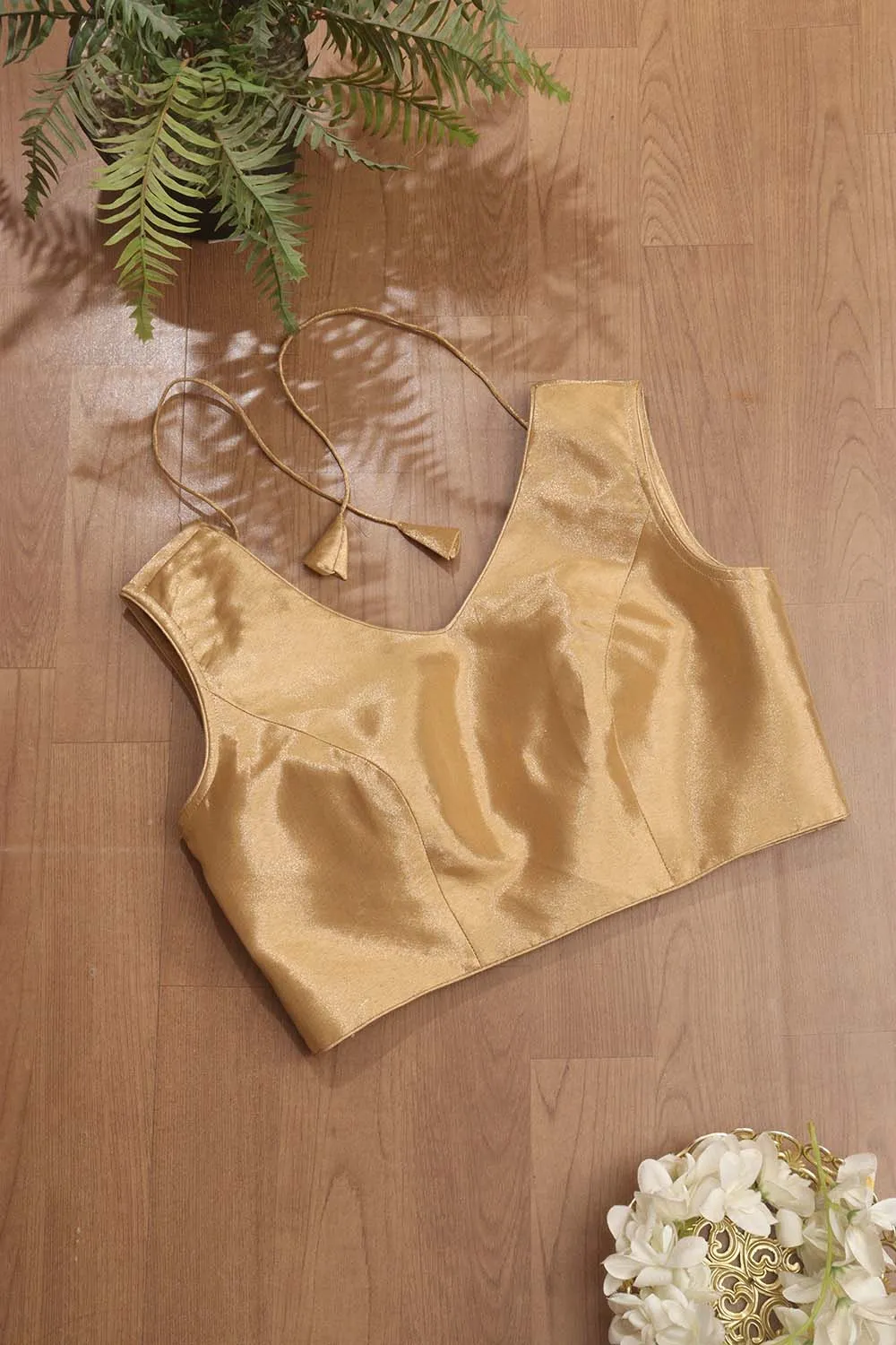 Golden Tissue Silk V neck Sleeveless Non Padded Stitched Blouse