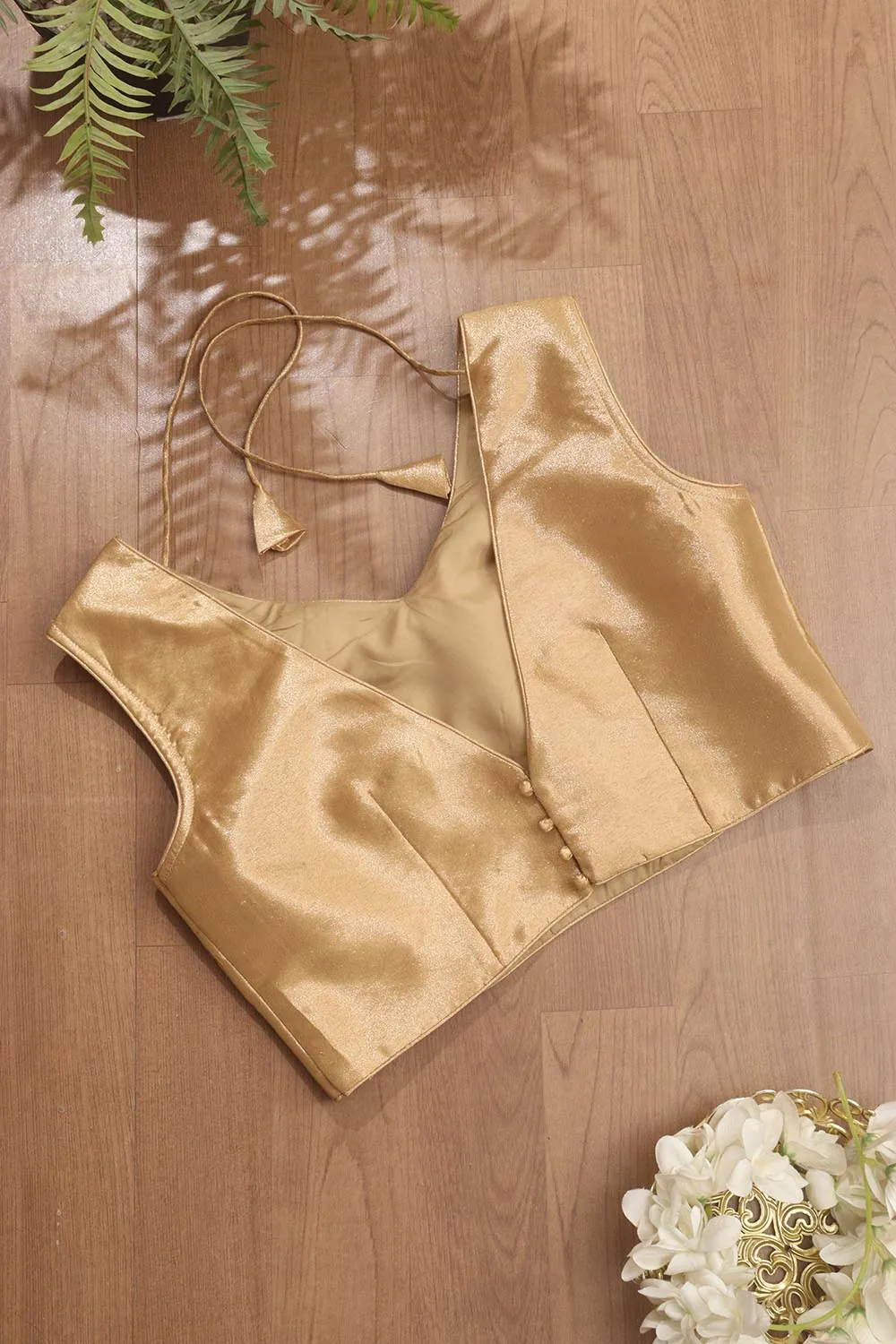 Golden Tissue Silk V neck Sleeveless Non Padded Stitched Blouse