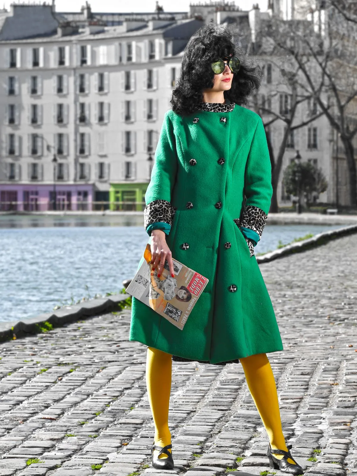 Green 1950s Leopard Patchwork Button Coat