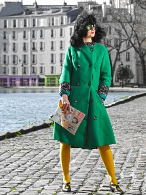 Green 1950s Leopard Patchwork Button Coat