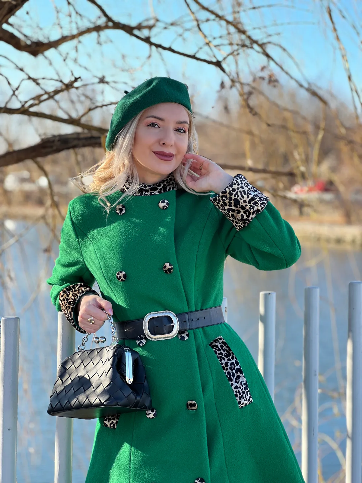 Green 1950s Leopard Patchwork Button Coat