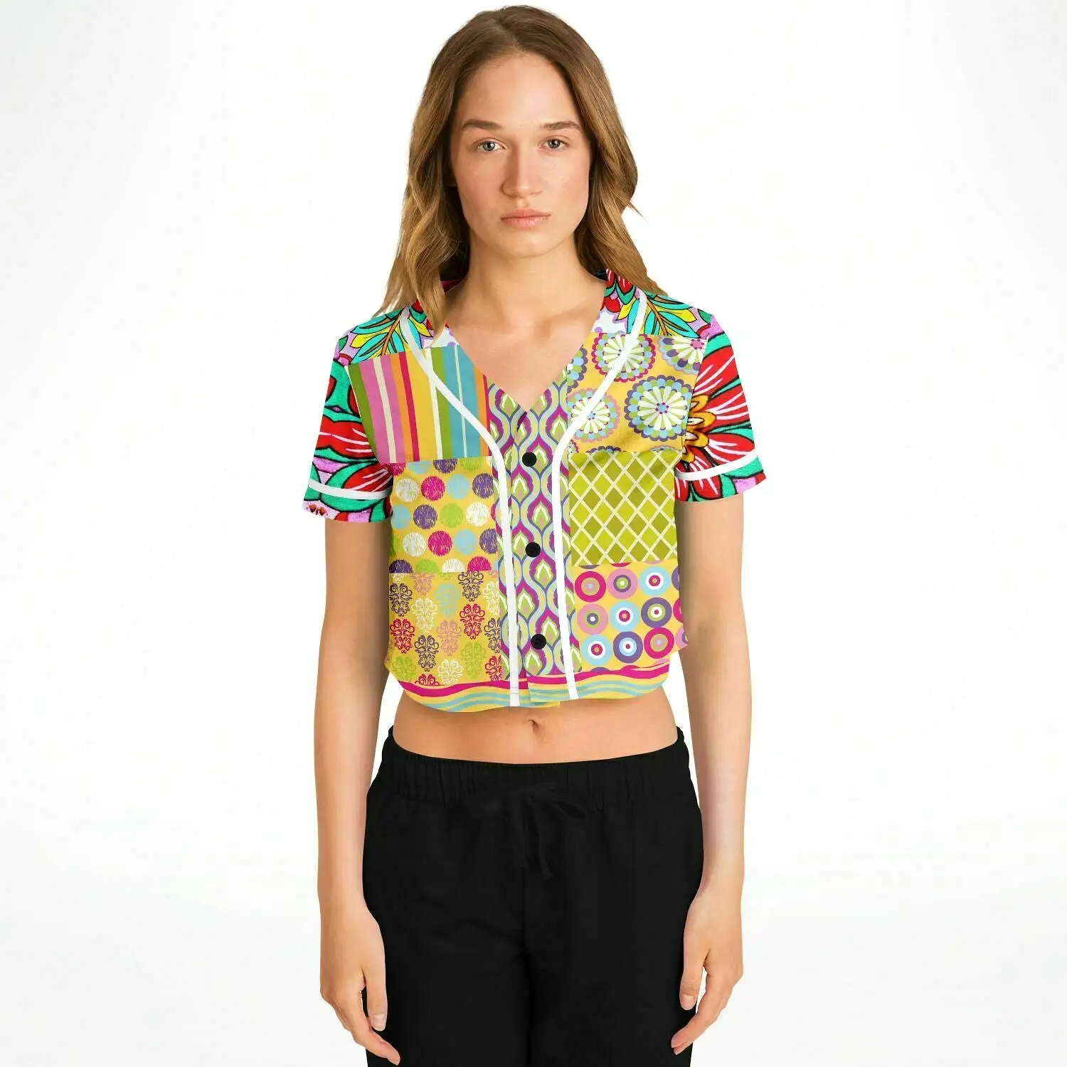 Hello Janis! Yellow Patchwork Cropped Button Front Jersey