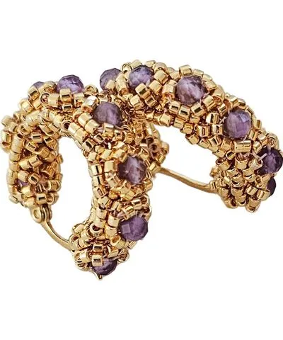 Jeannierichard Women's Gold / Pink / Purple Rosa Gold Beaded Small Hoops With Amethyst Stones