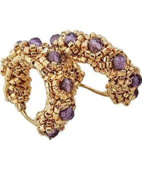 Jeannierichard Women's Gold / Pink / Purple Rosa Gold Beaded Small Hoops With Amethyst Stones