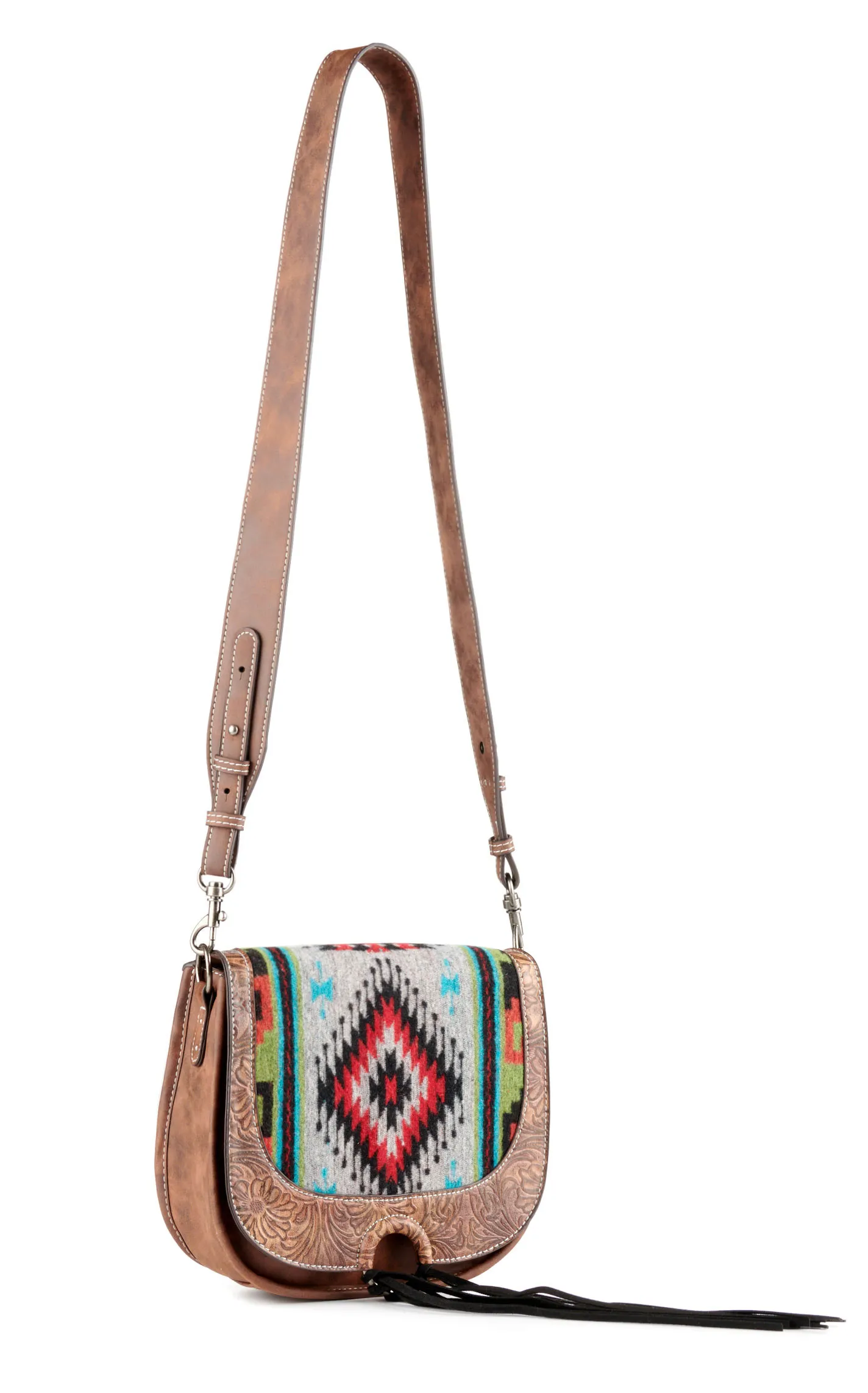 Justin Pecan Floral Tooled Genuine Leather & Southwest Colorful Blanket Fringe Accent Saddle-Bag 