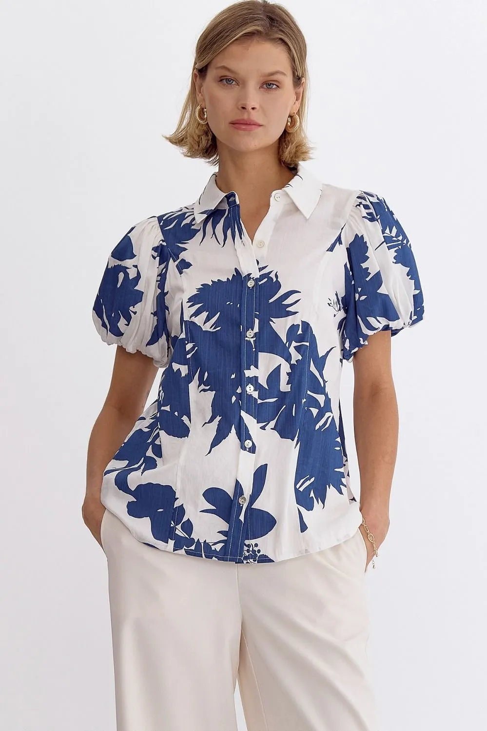 Leaf Print Button Down Collared Top