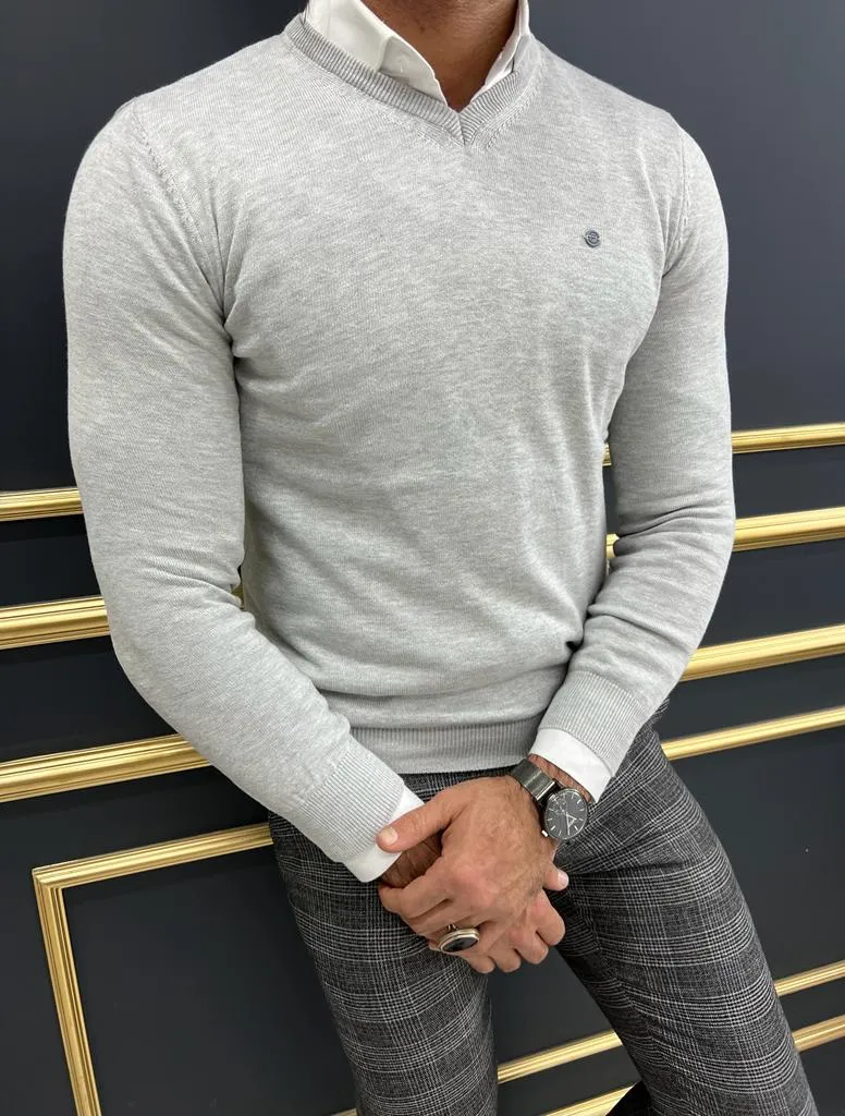 Leon Slim Fit V-Neck Grey Sweater