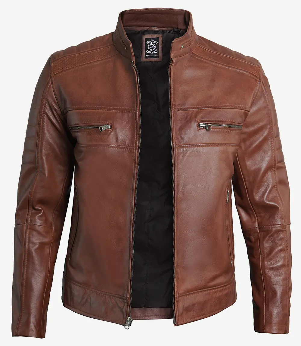 Men's Cognac Brown Cafe Racer Leather Jacket