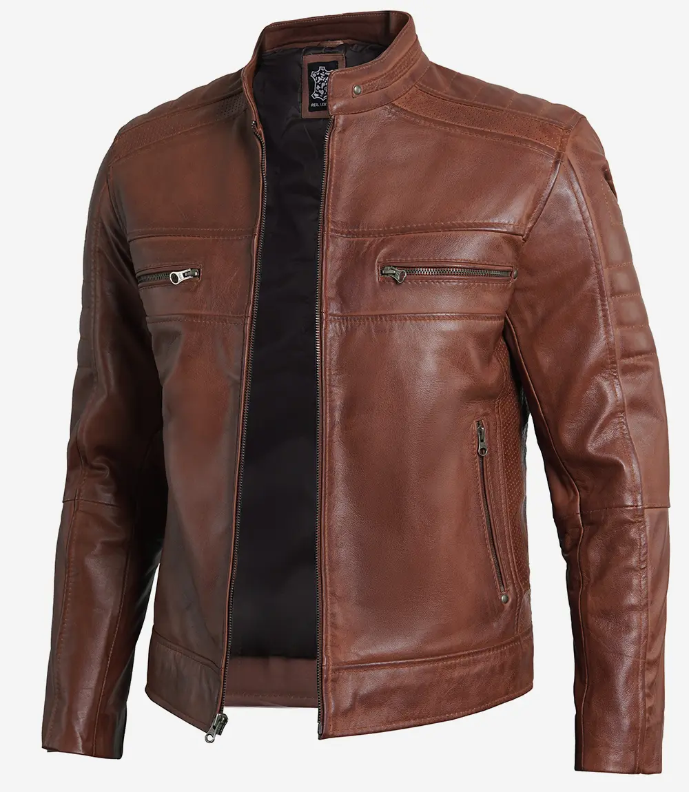 Men's Cognac Brown Cafe Racer Leather Jacket