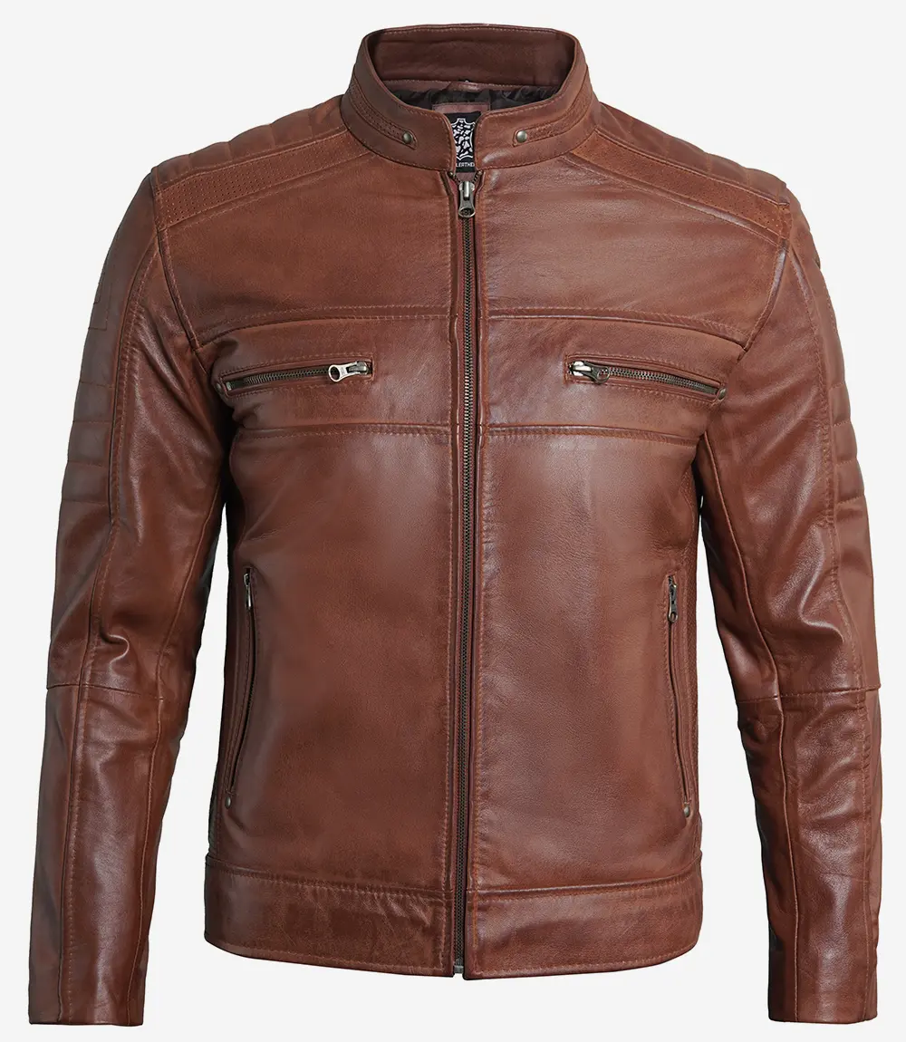 Men's Cognac Brown Cafe Racer Leather Jacket