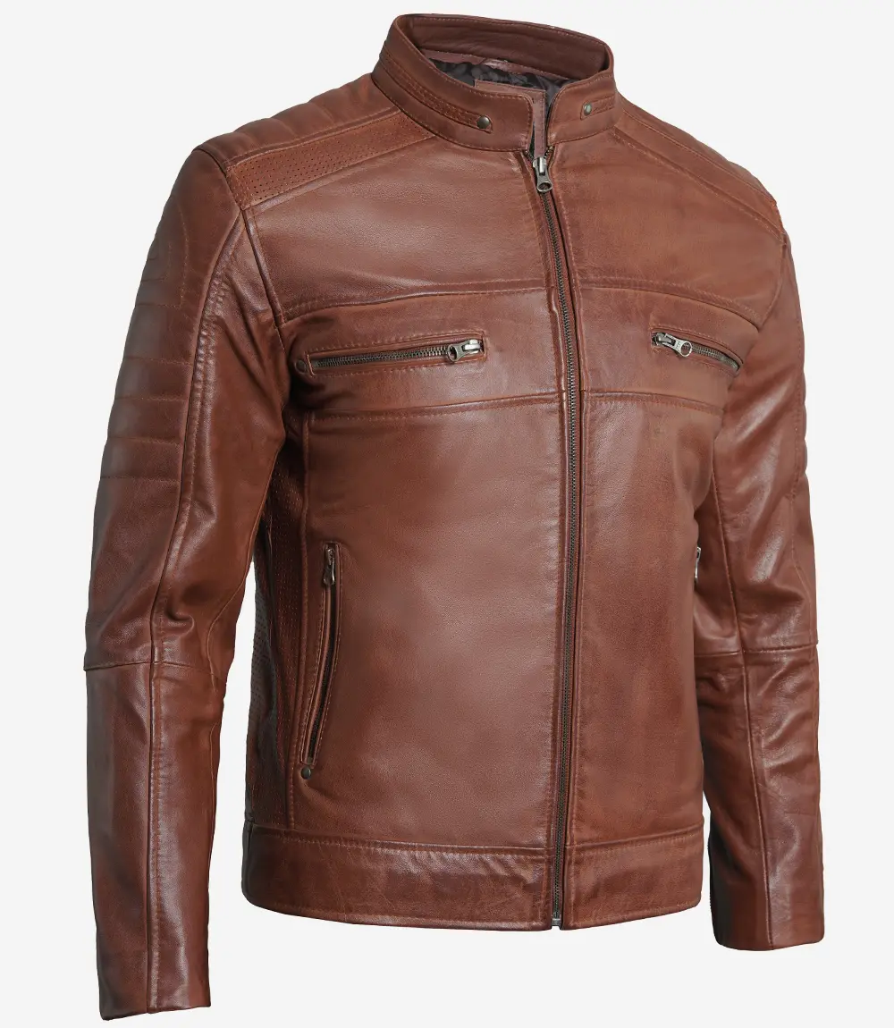 Men's Cognac Brown Cafe Racer Leather Jacket