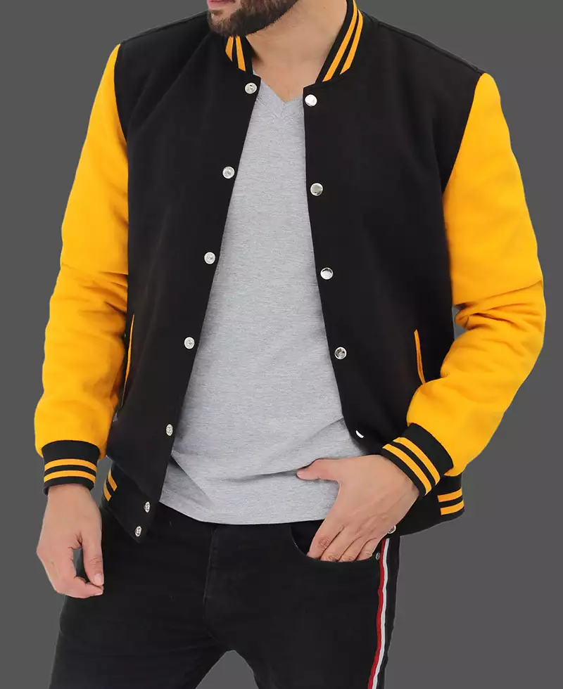 Mens Black and Yellow Letterman Jacket